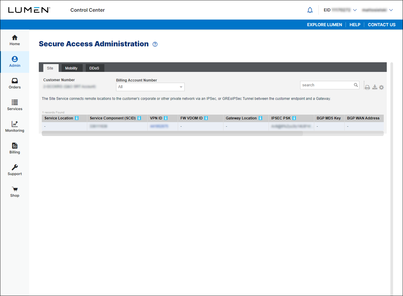 Secure Access Administration (showing Site tab)