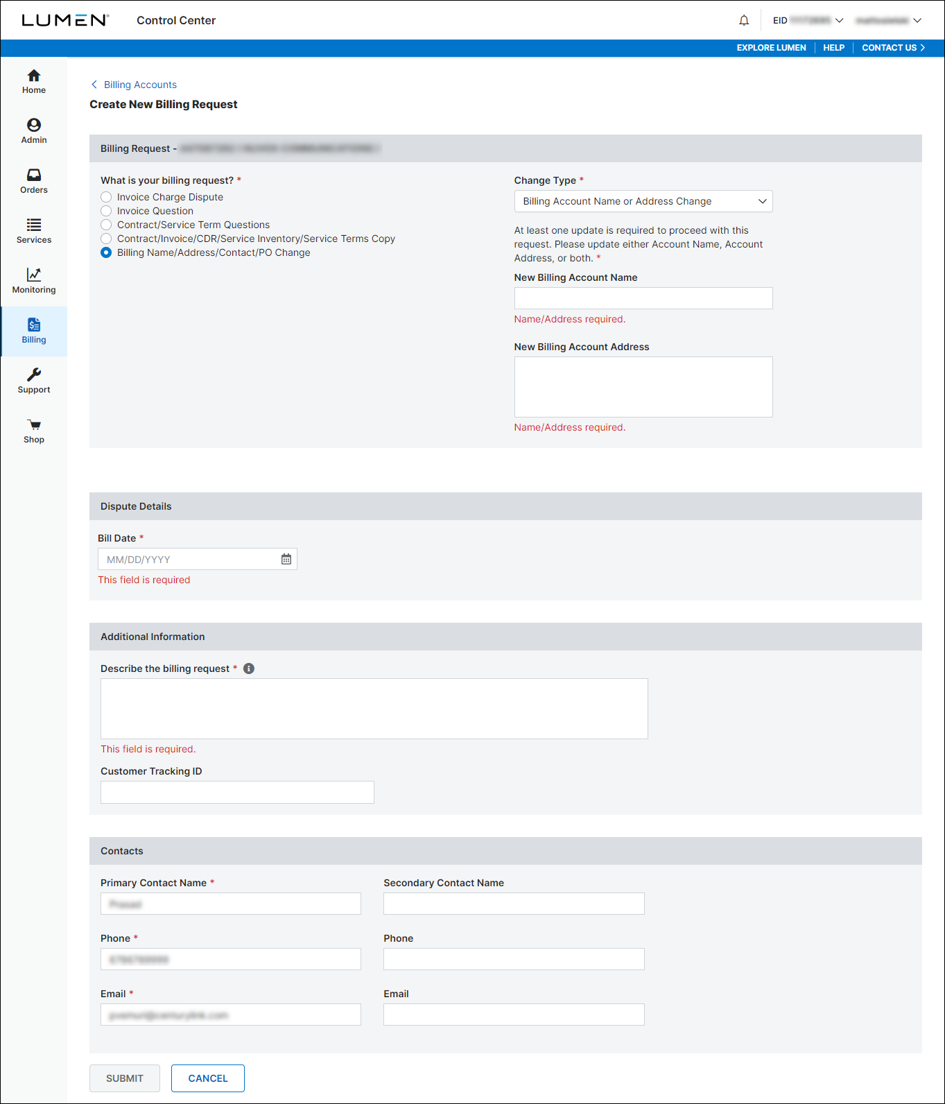 Create New Billing Request (after selecting Billing Name/Address/Contract/PO Change)