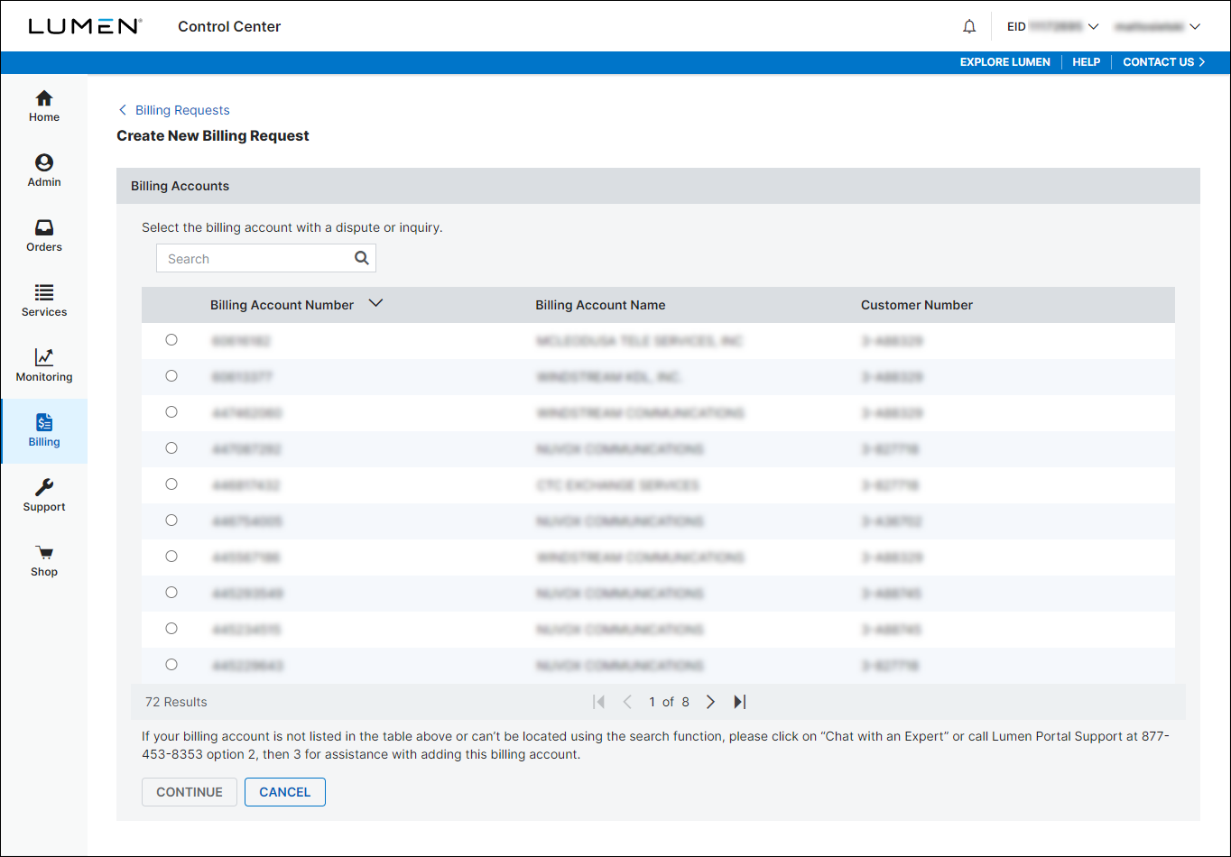 Create Billing Request (showing billing accounts)