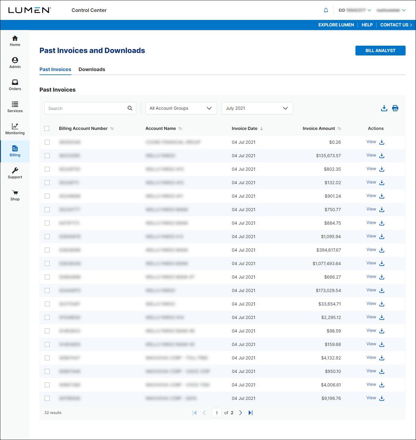 Past Invoices & Downloads (showing Past Invoices tab)