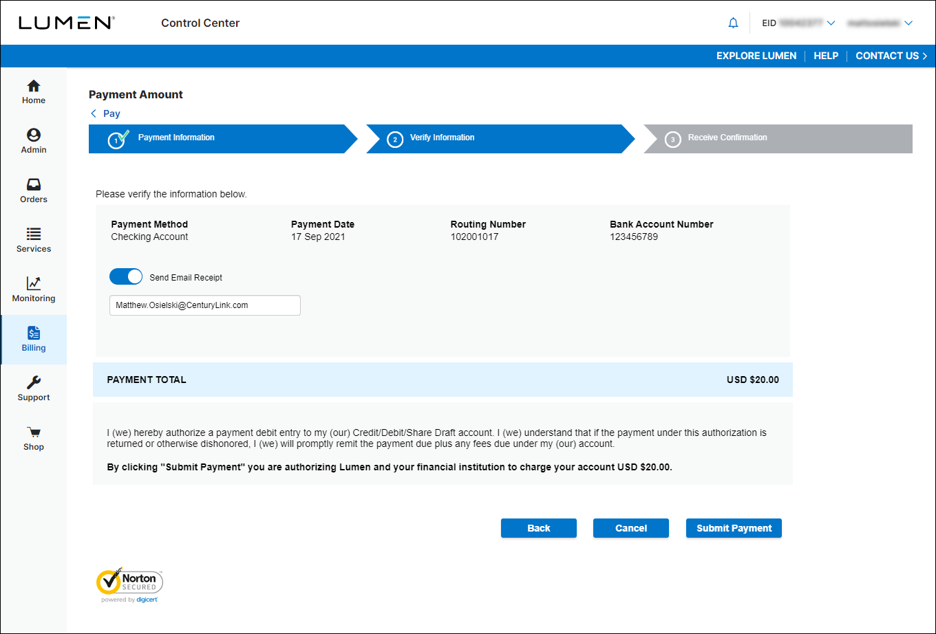 Payment Amount (showing Verify Information tab)