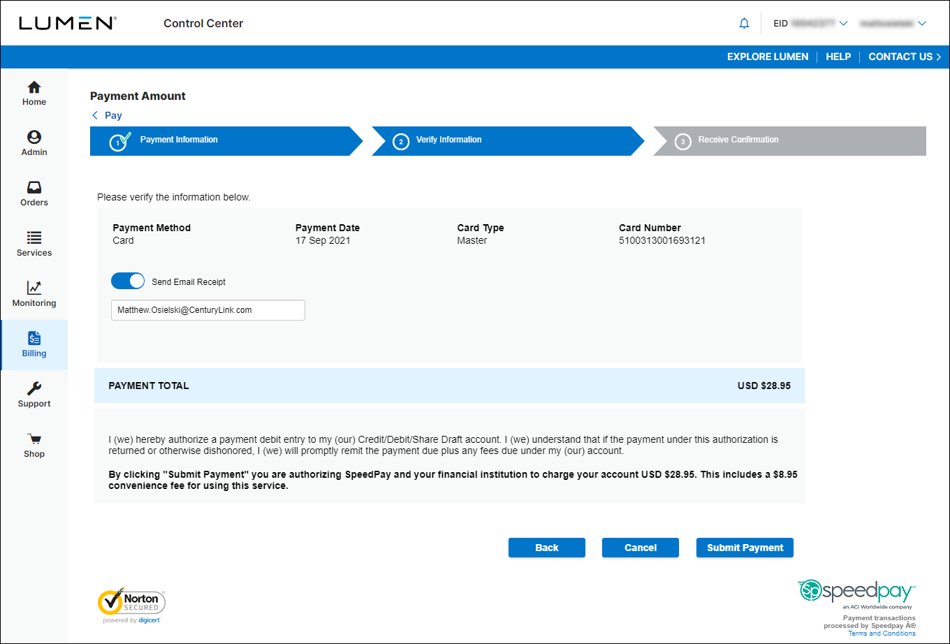 Payment Amount (showing Verify Information tab)