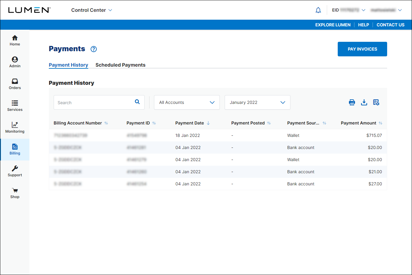 Payments (showing Payment History tab)