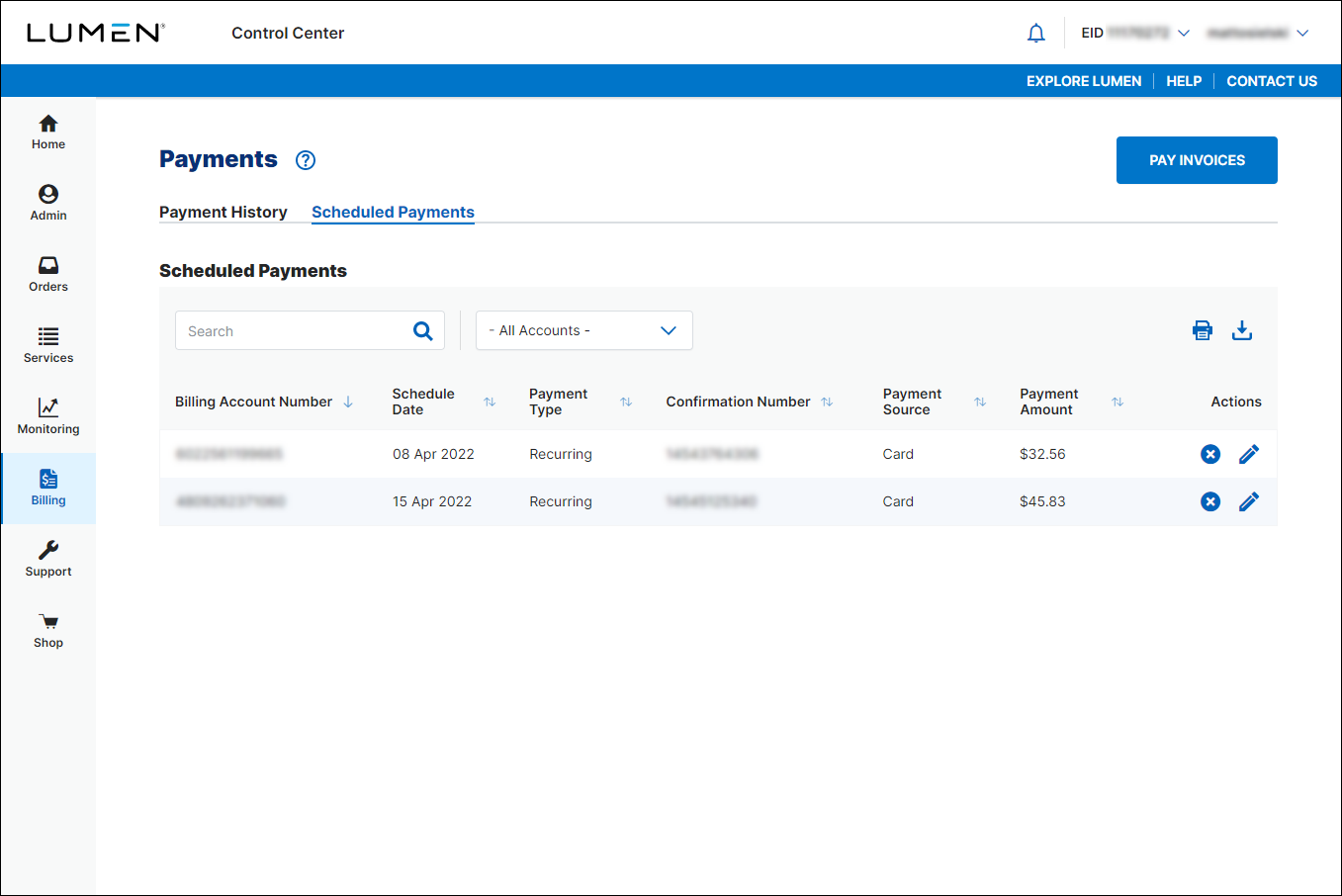 Payments (showing Scheduled Payments tab)