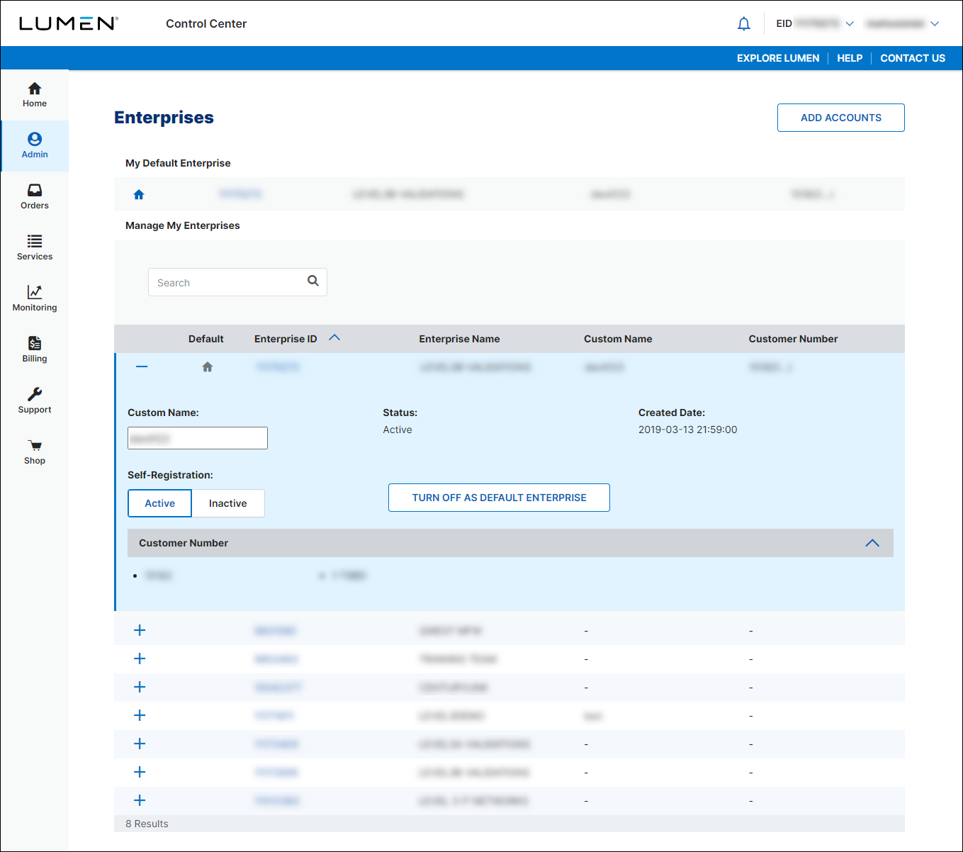 Enterprises (showing enterprise ID details with default set)