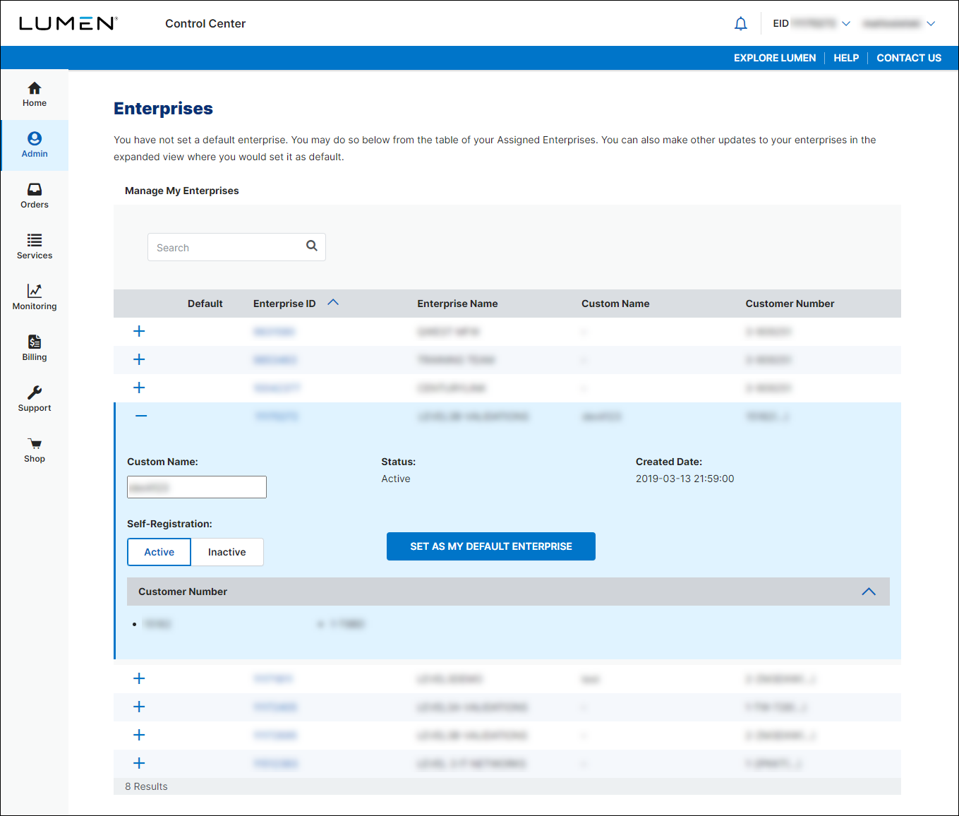 Enterprises (showing enterprise ID details)