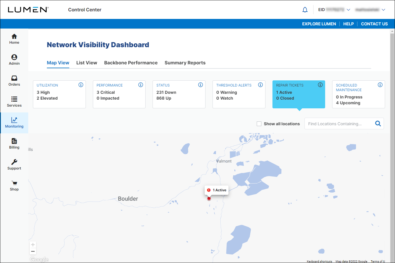 Network Visibility (showing Repair Tickets tile)