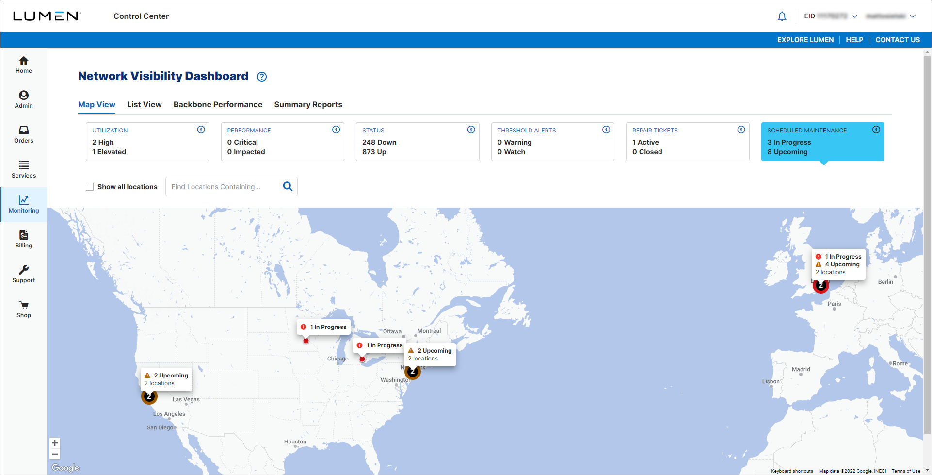 Network Visibility (showing Scheduled Maintenance tile)