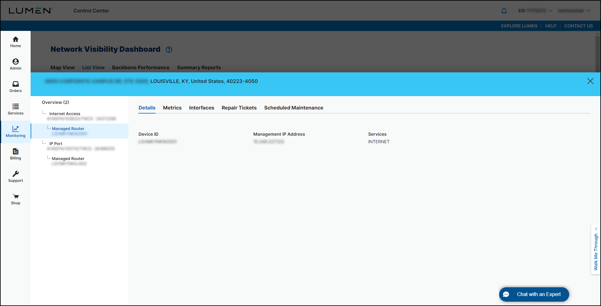 Network Visibility (showing the Details tab for a managed router)