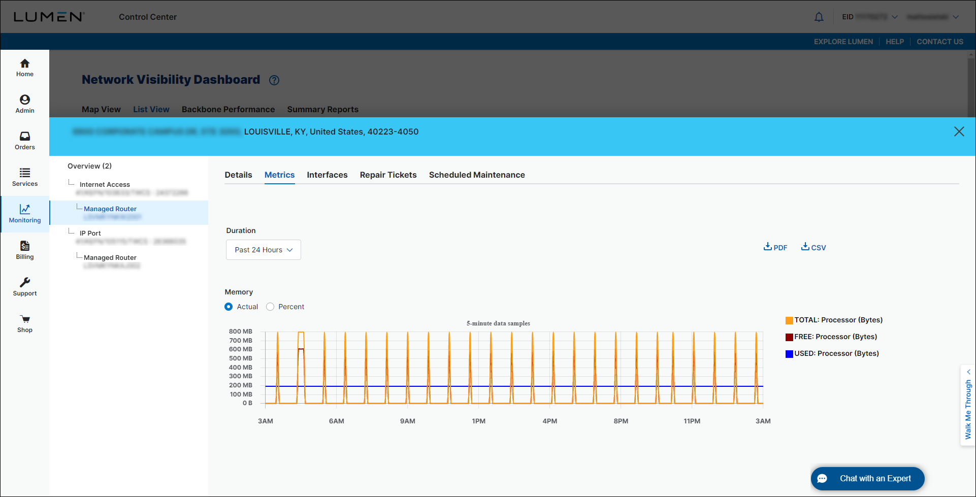 Network Visibility (showing the Metrics tab for a managed router)