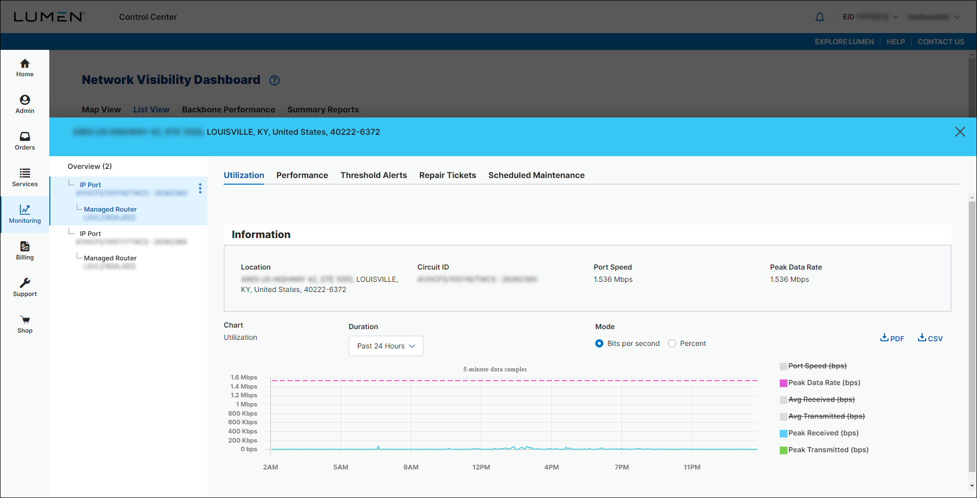 Network Visibility (showing Utilization tab for a service)