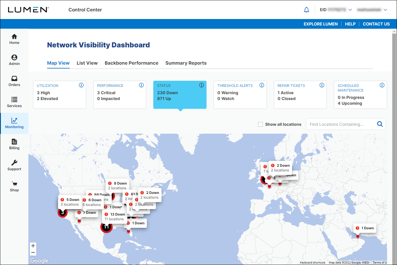 Network Visibility (showing Status tile)