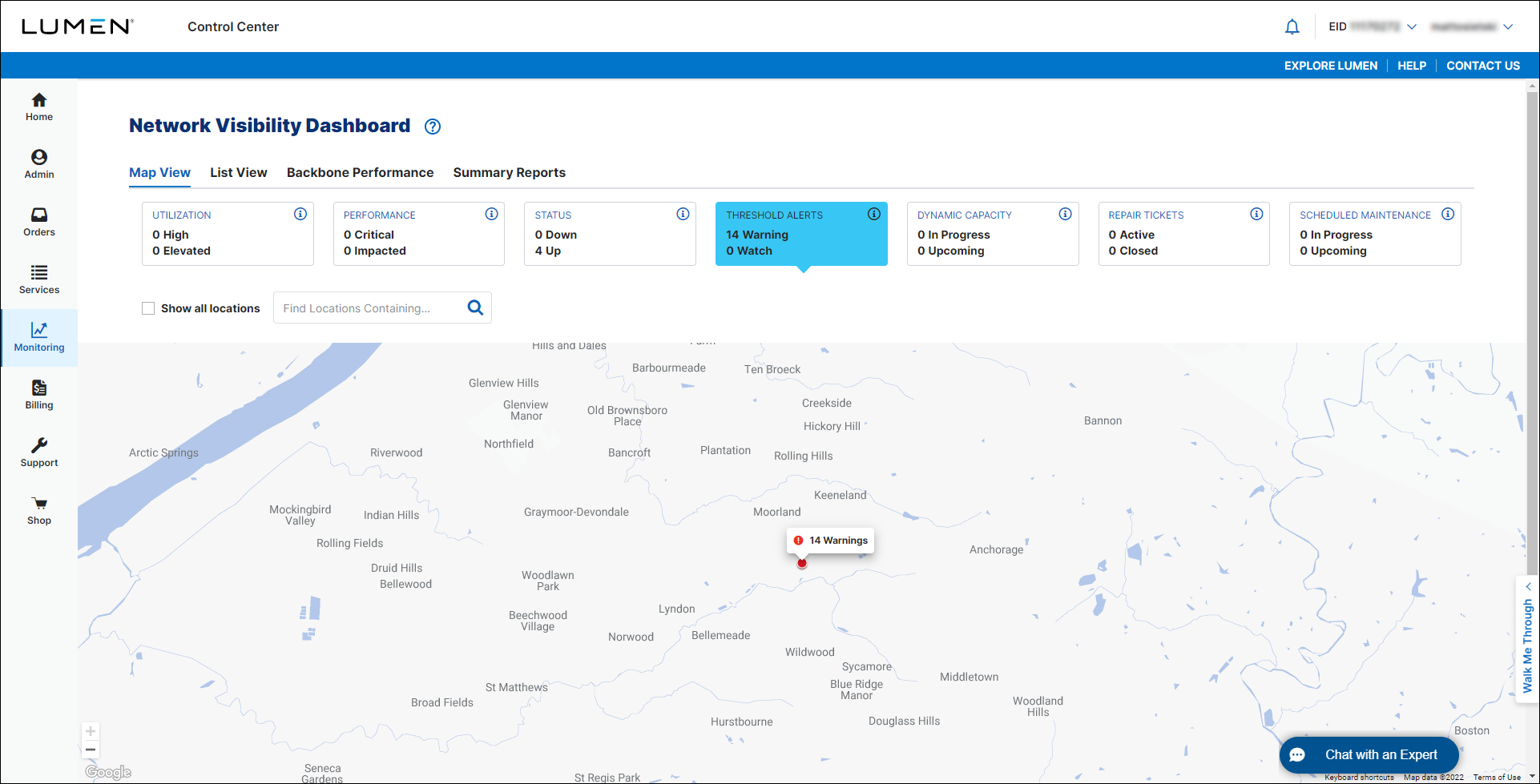 Network Visibility (showing Threshold Alerts KPI)