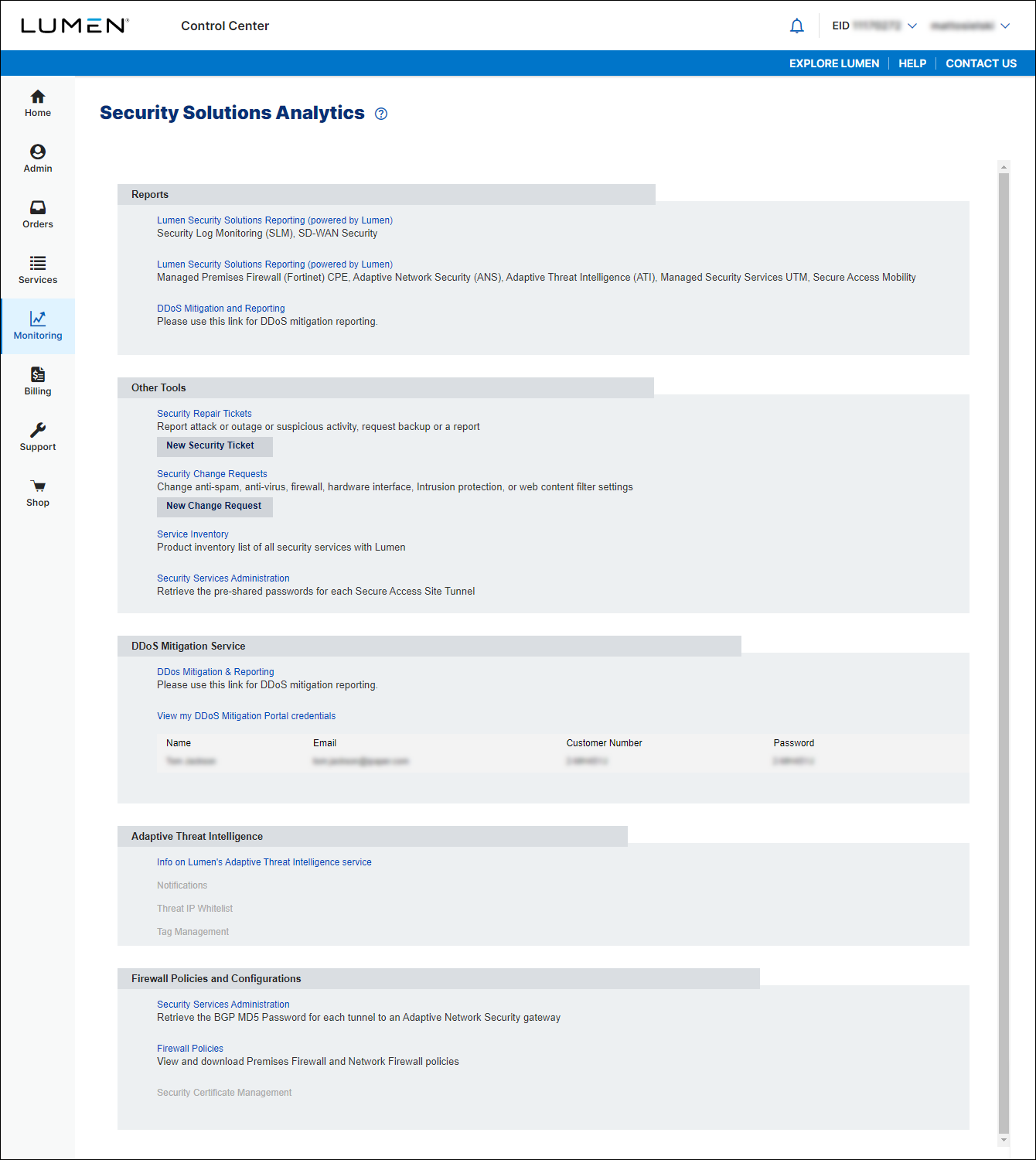 Security Solutions Analytics (showing DDoS Mitigation Reporting portal credentials)