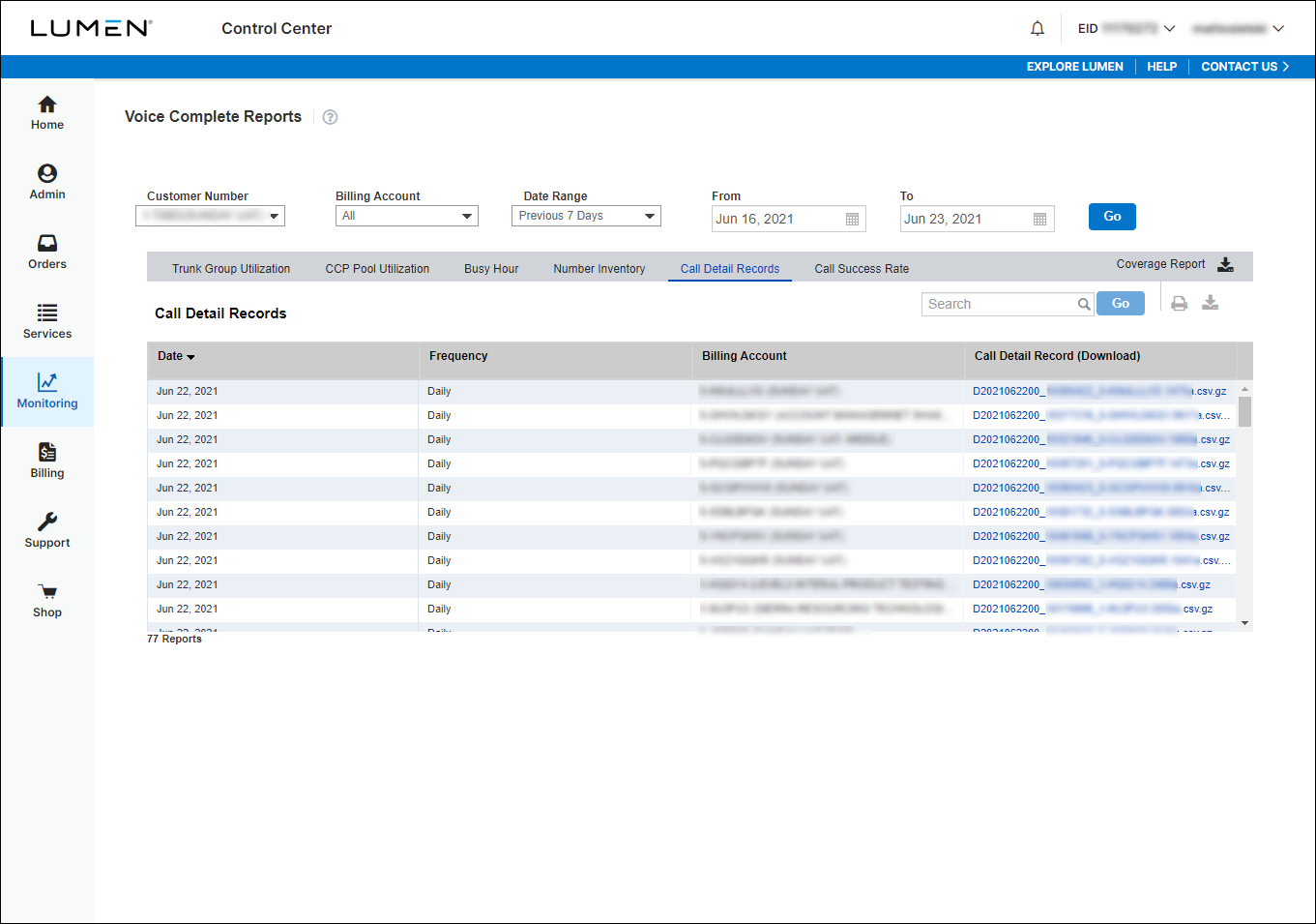 Voice Complete Reports (showing Call Detail Records)