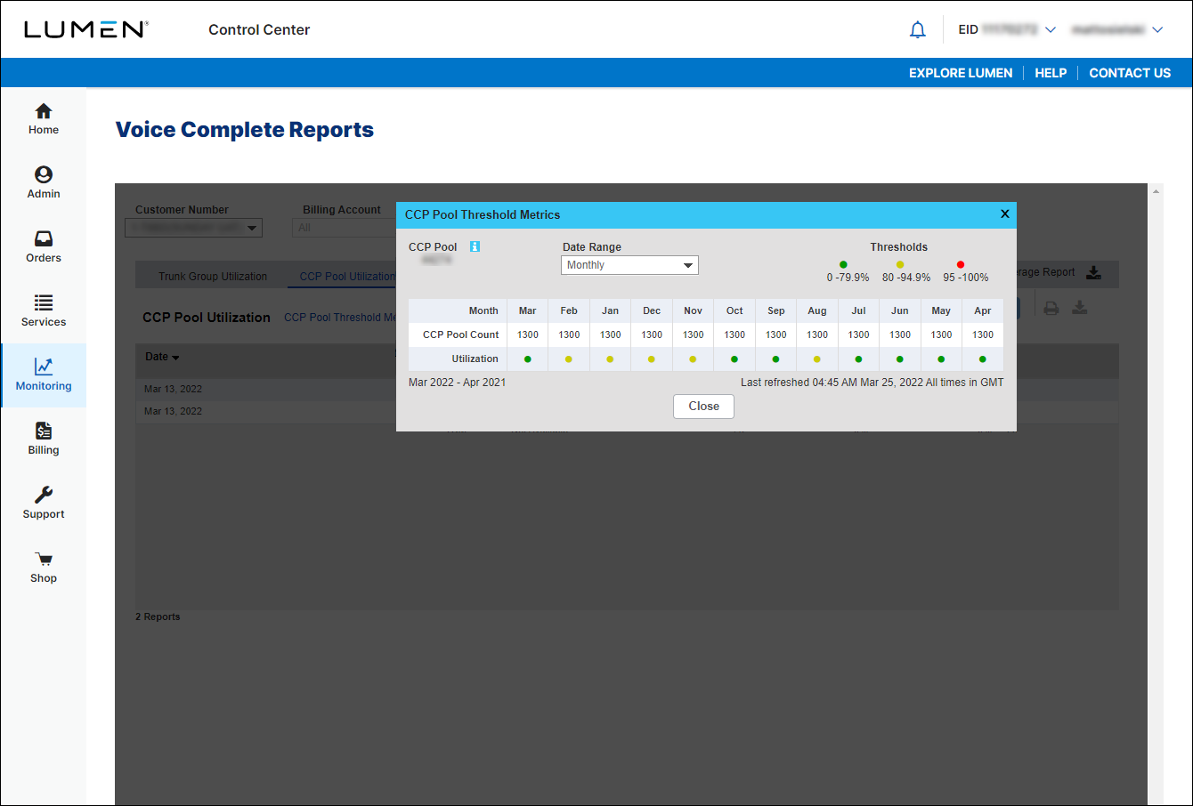 Voice Complete Reports (showing CCP Pool Threshold Metrics)