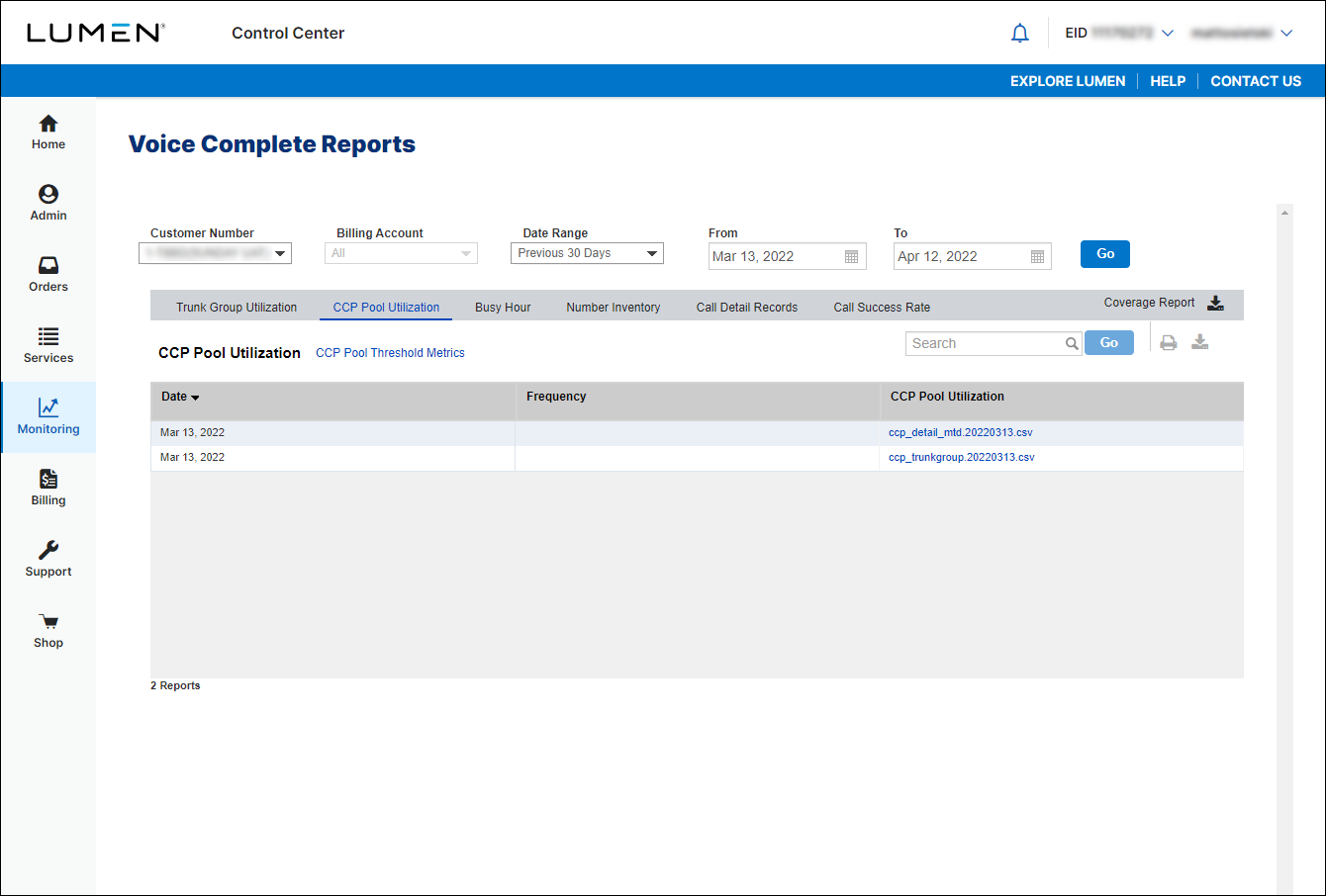 Voice Complete Reports (showing CCP Pool Utilization)