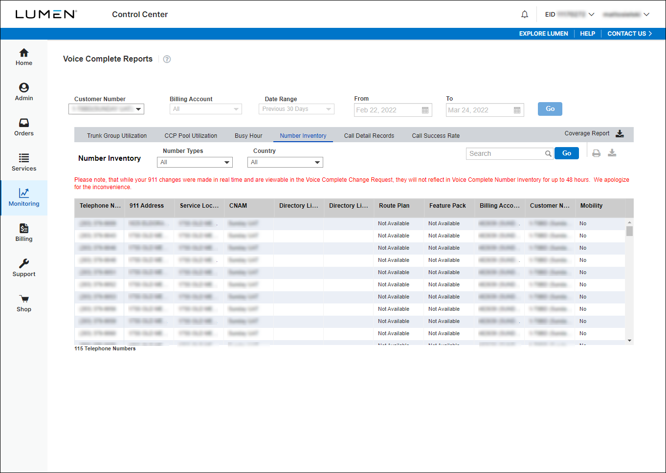 Voice Complete Reports (showing Number Inventory)