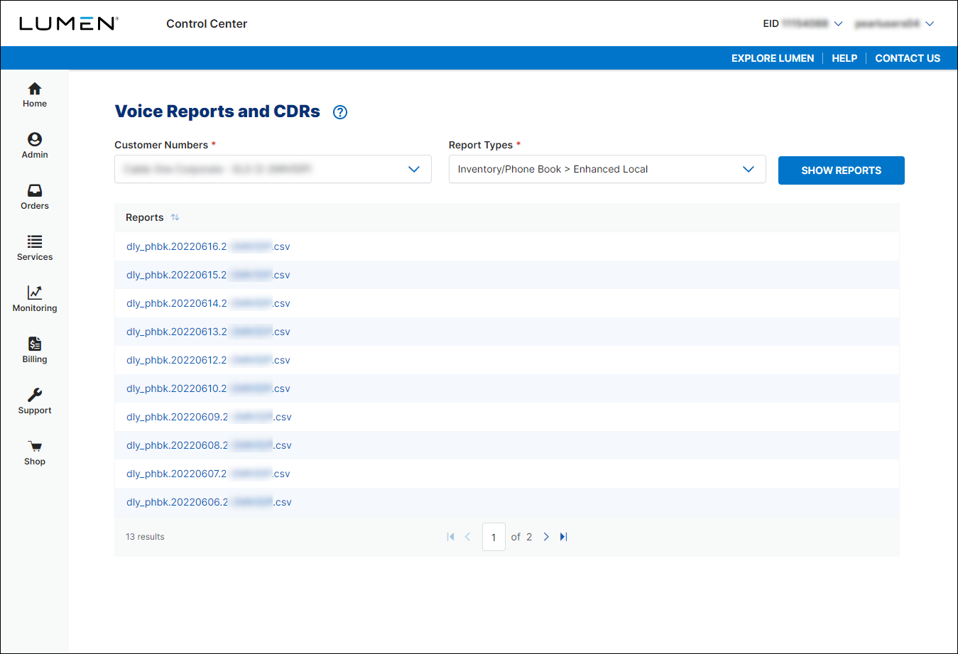 Voice Reports and CDRs (showing downloadable reports)