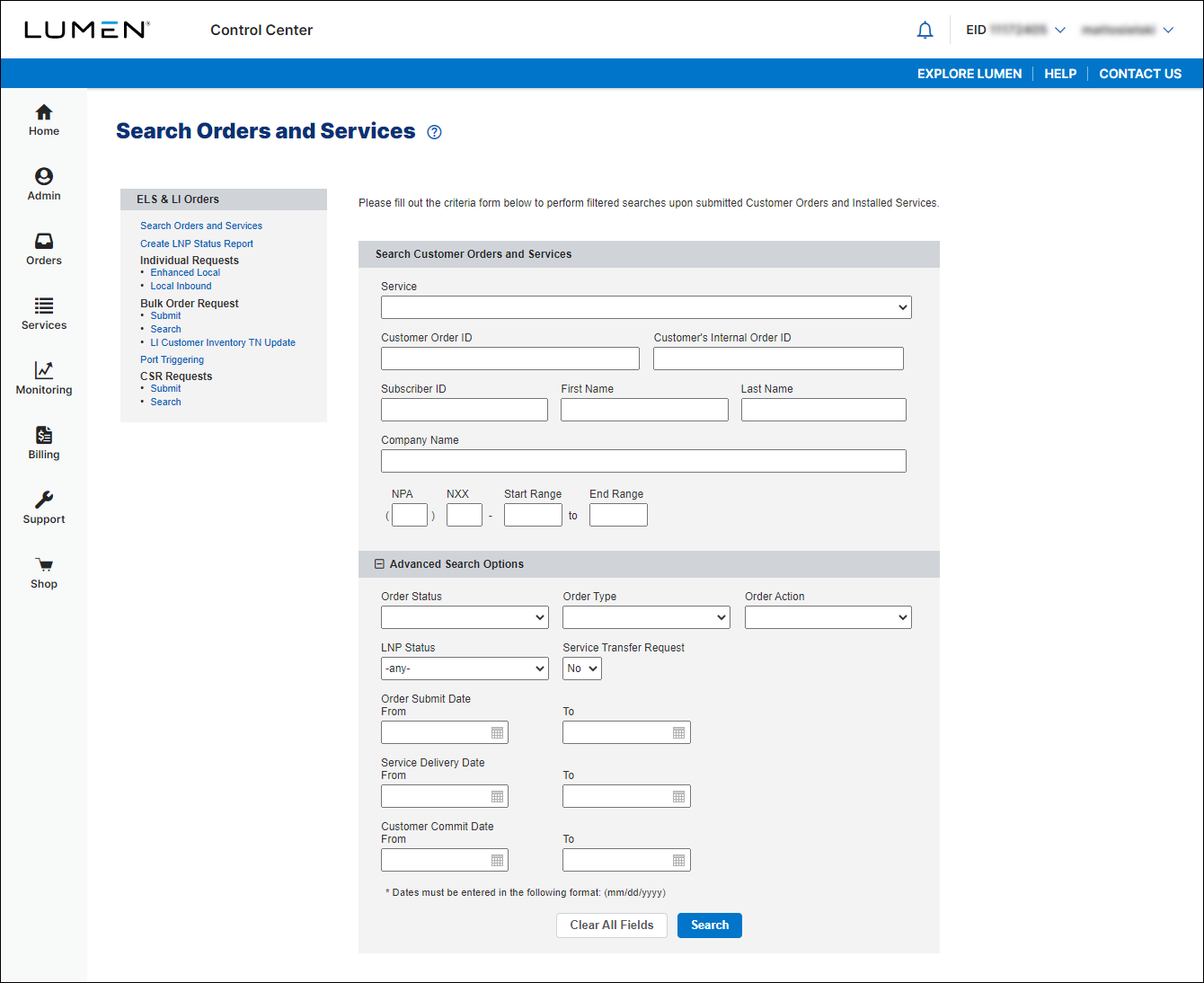 Search Orders and Services (showing Advanced Search options)