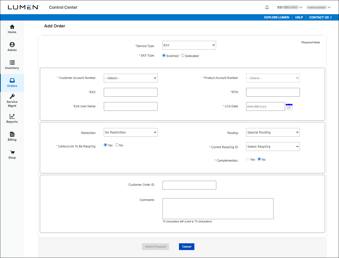 Add Order (showing 8XX and Switched selected)