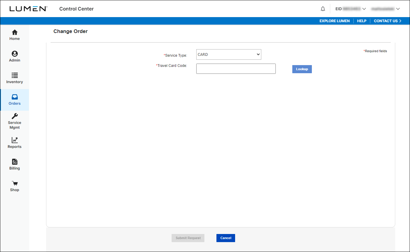 Change Order (showing CARD selected)