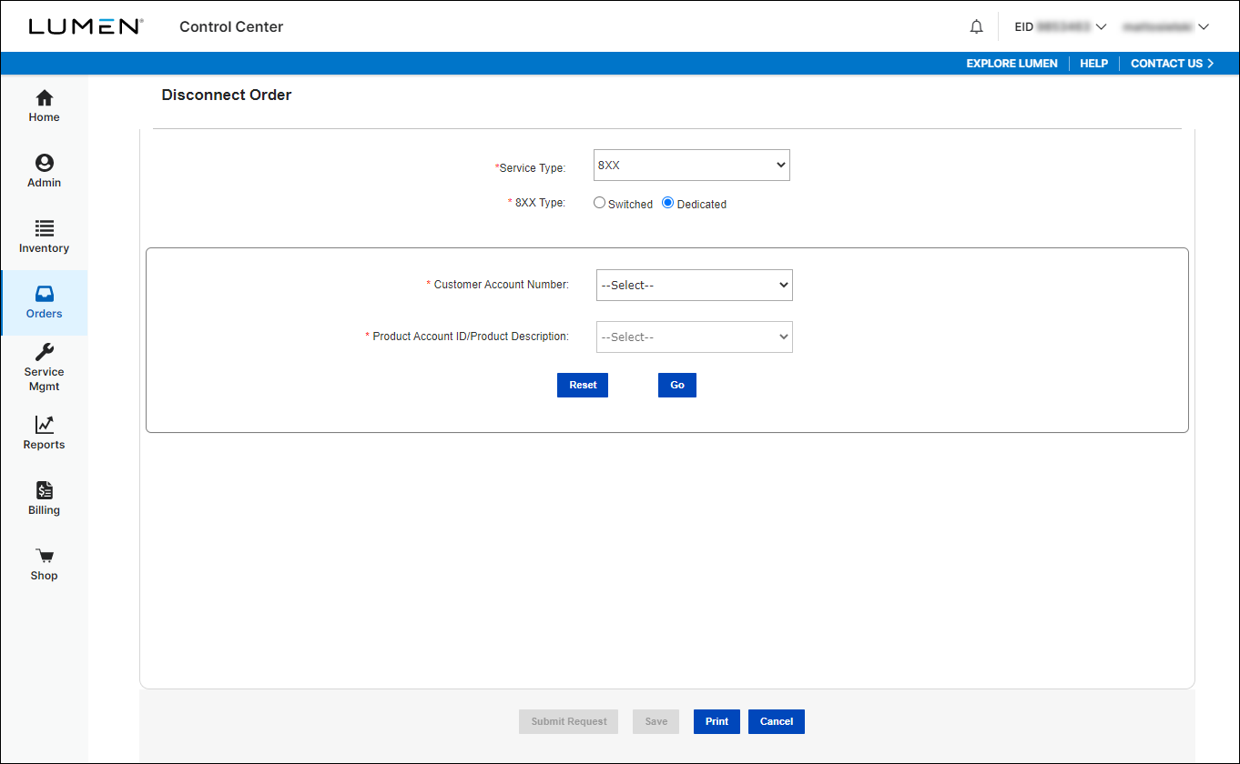 Disconnect Order (showing 8XX and Dedicated selected)