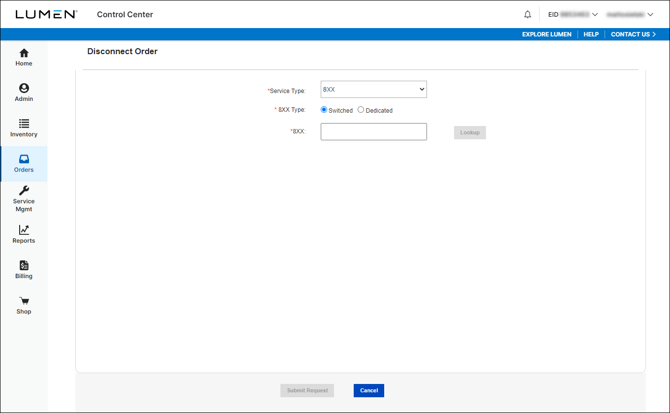 Disconnect Order (showing 8XX and Switched selected)