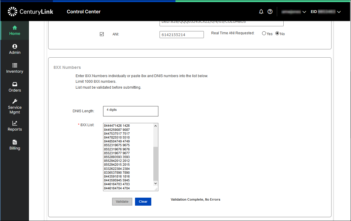 manage orders add 8xx dedicated dtfo 8xx numbers section example1