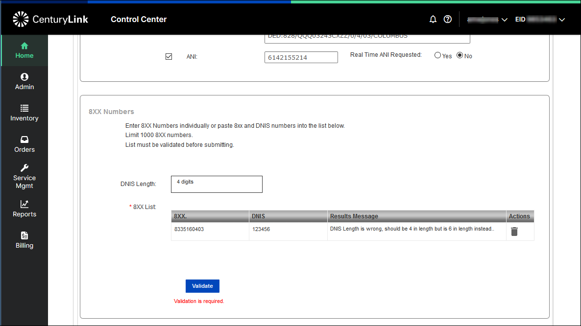 manage orders add-8xx dedicated dtfo 8xx numbers section validate example1