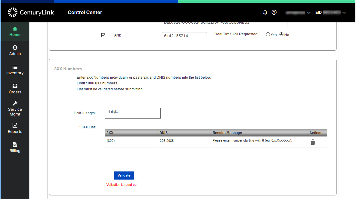 Manage orders add 8xx dedicated dtfo 8xx numbers section validate example2