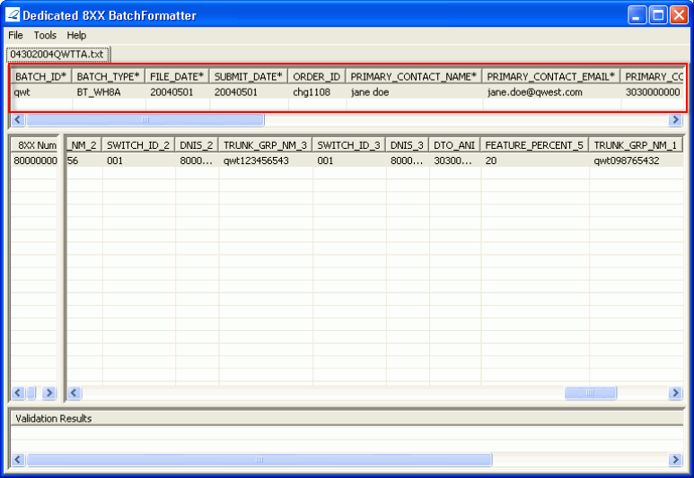  Dedicated 8XX batch formatter (showing Header Record section highlighted)