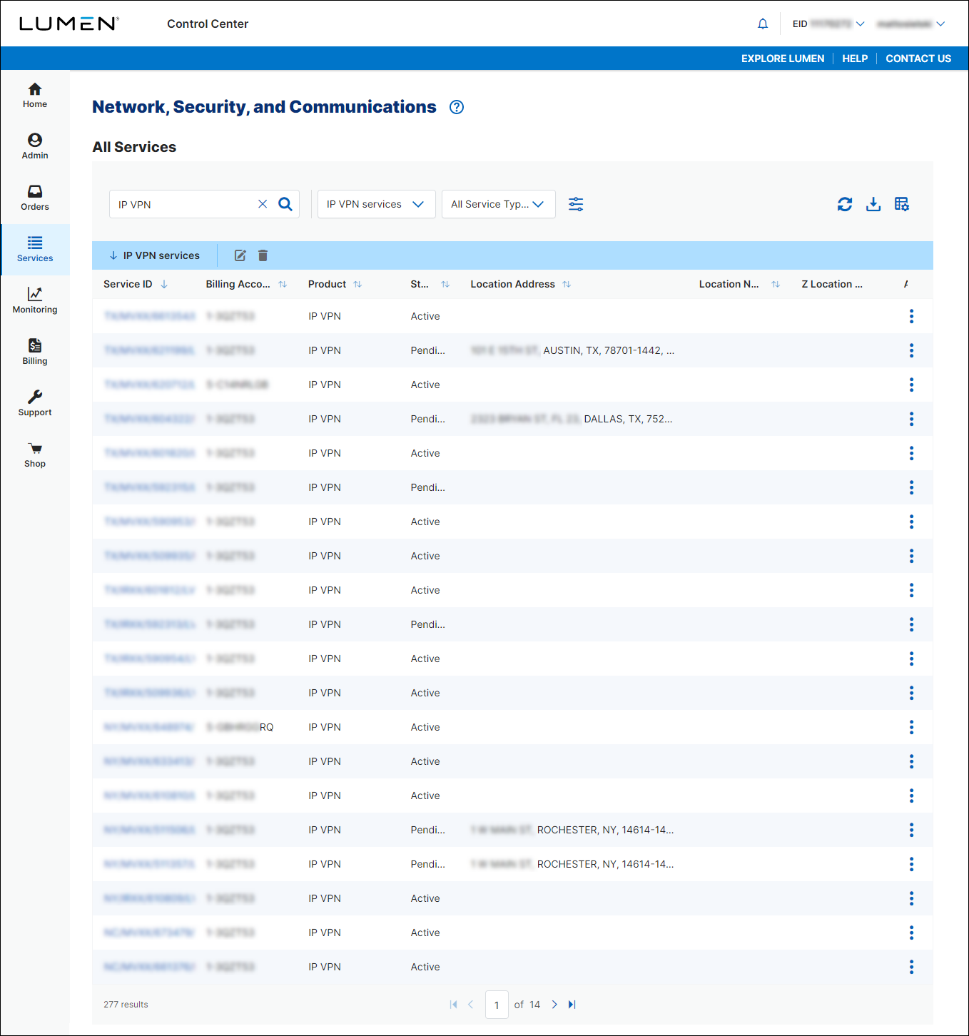 Network, Security, and Communications (showing saved view)