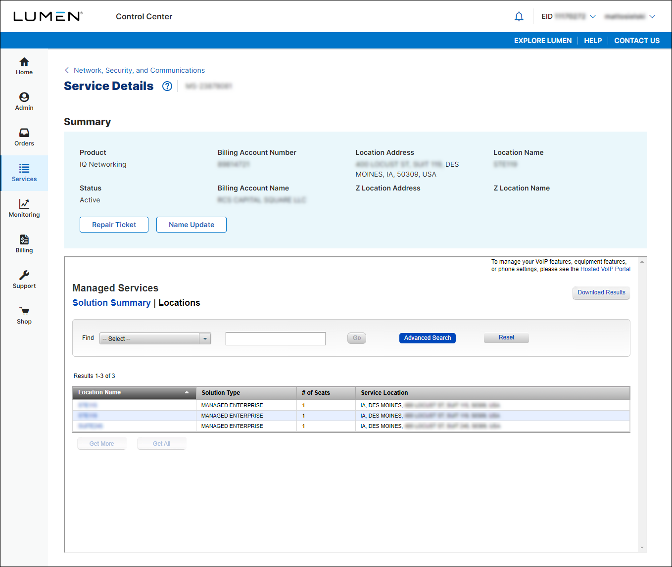 Service Details for managed service (showing Managed Services locations)