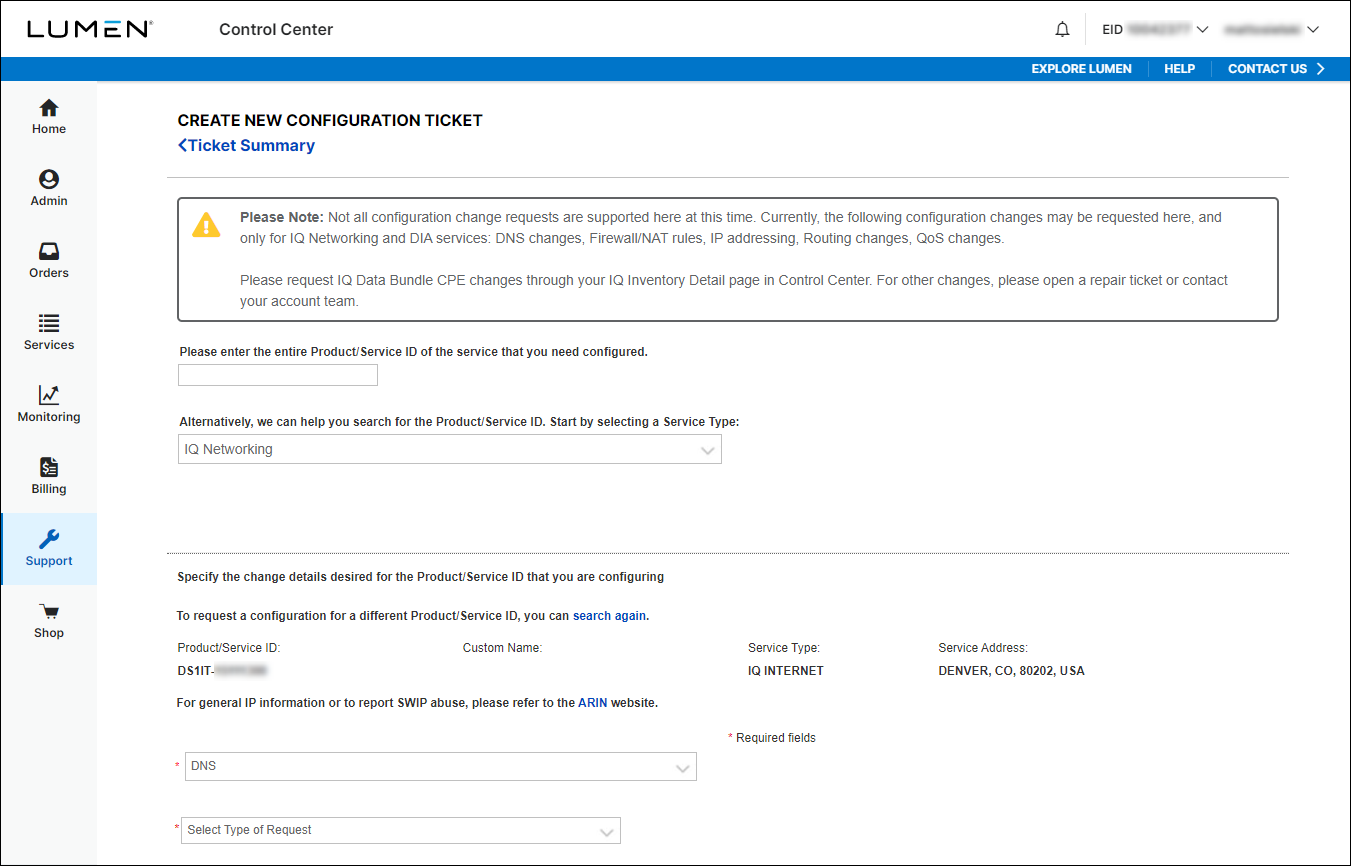 Create New Configuration Request (with DNS selected)