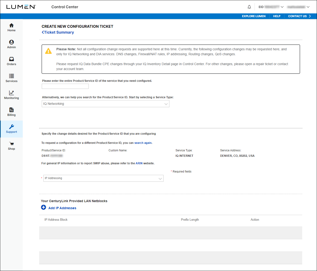 Create New Configuration Request (with IP Addressing selected)