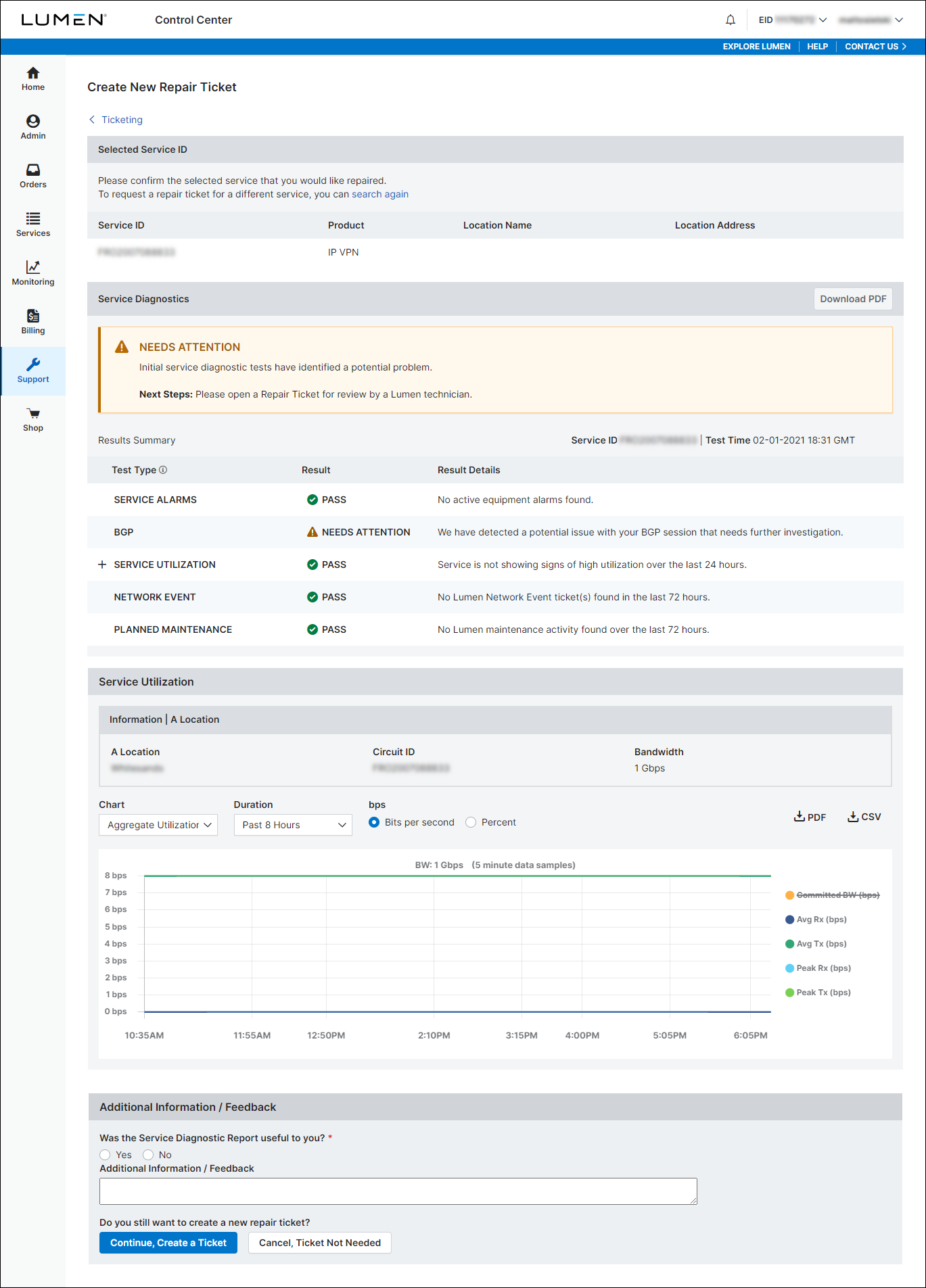 Create New Repair Ticket (showing diagnostic testing)