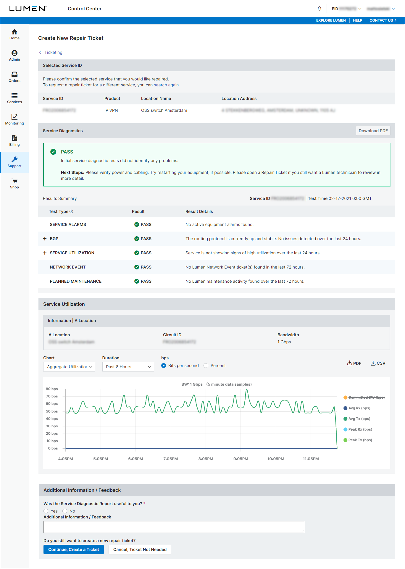 Create New Repair Ticket (showing diagnostic testing pass)