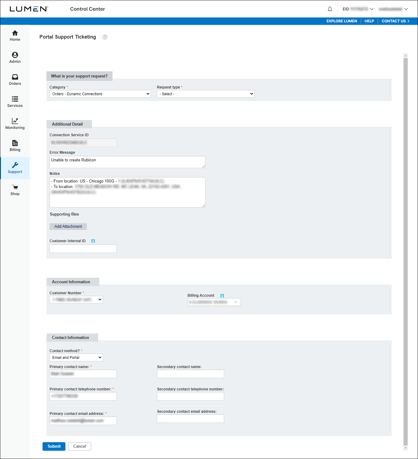 Portal Support Ticketing (showing Dynamic Connections ticket)