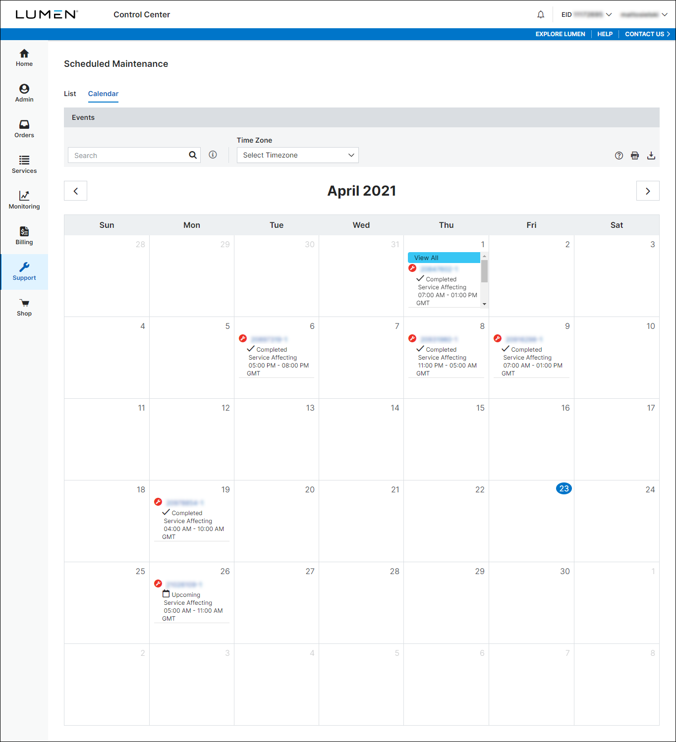 Scheduled Maintenance (showing calendar view)