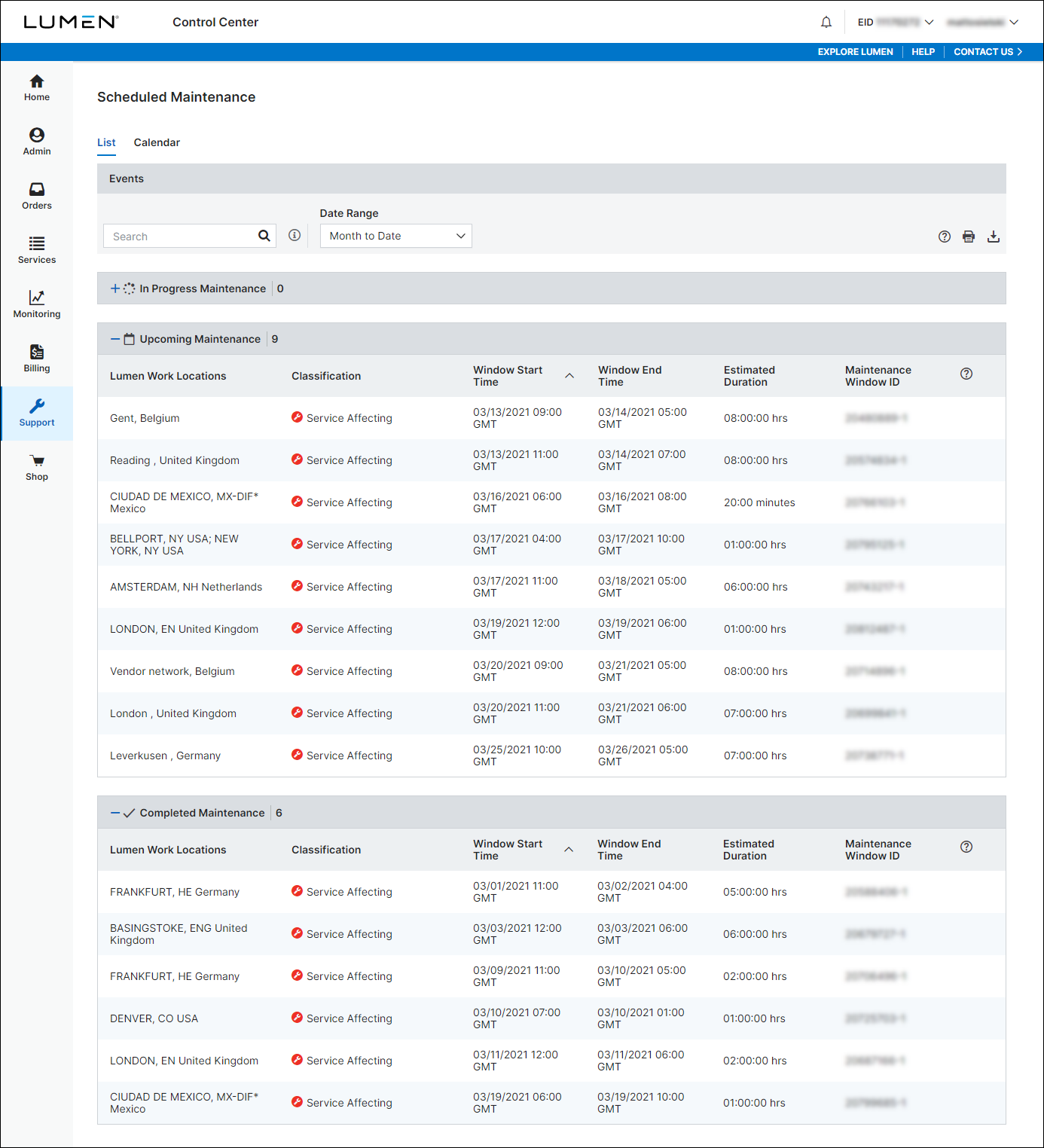 Scheduled Maintenance (showing list view)