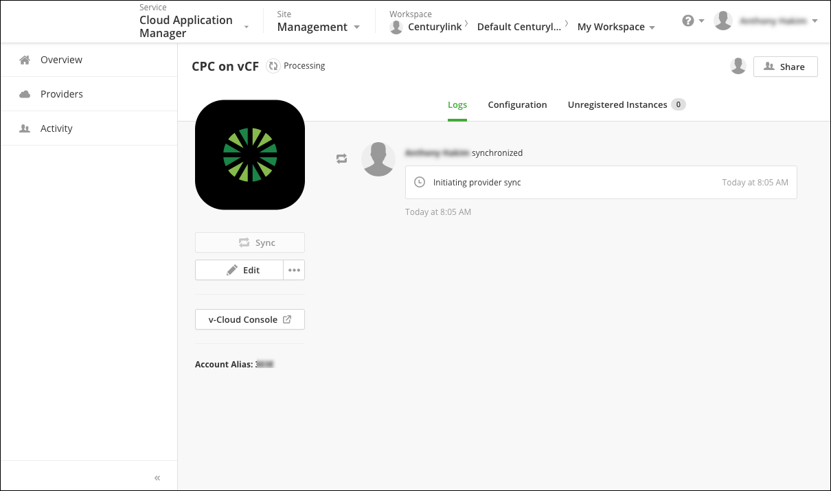 Cloud Application Manager showing LPC on VCF provider.