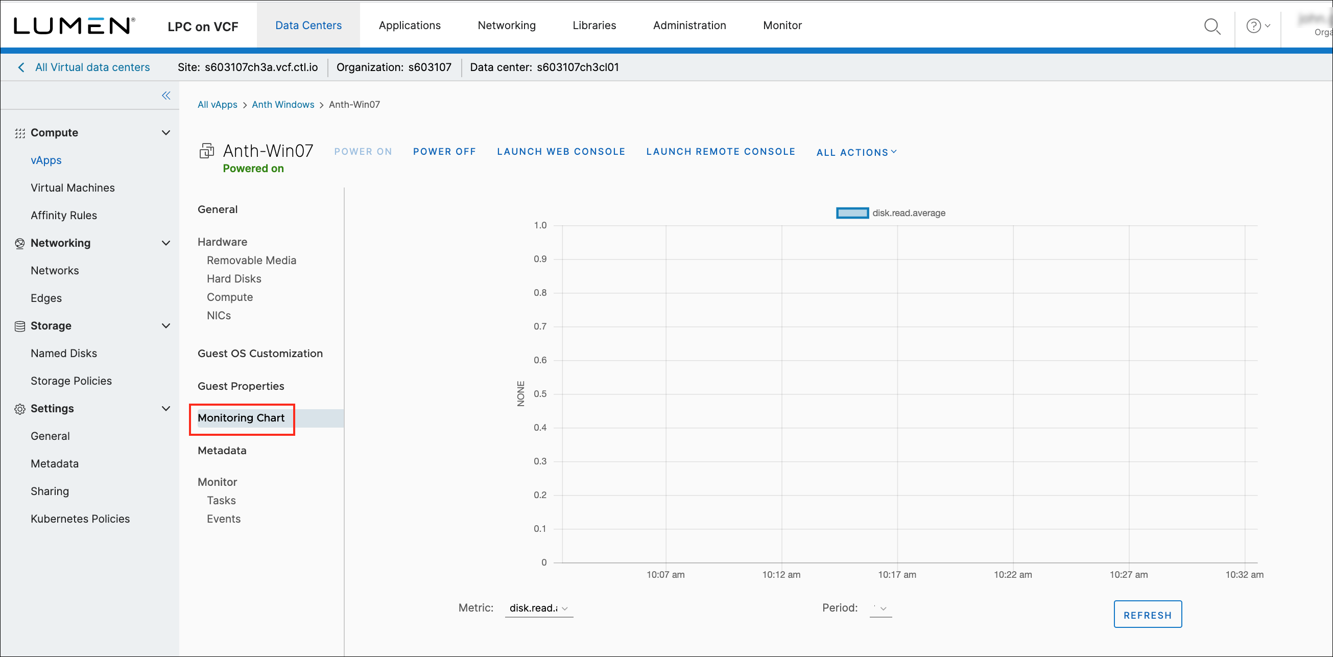 Virtual machine page showing metrics.