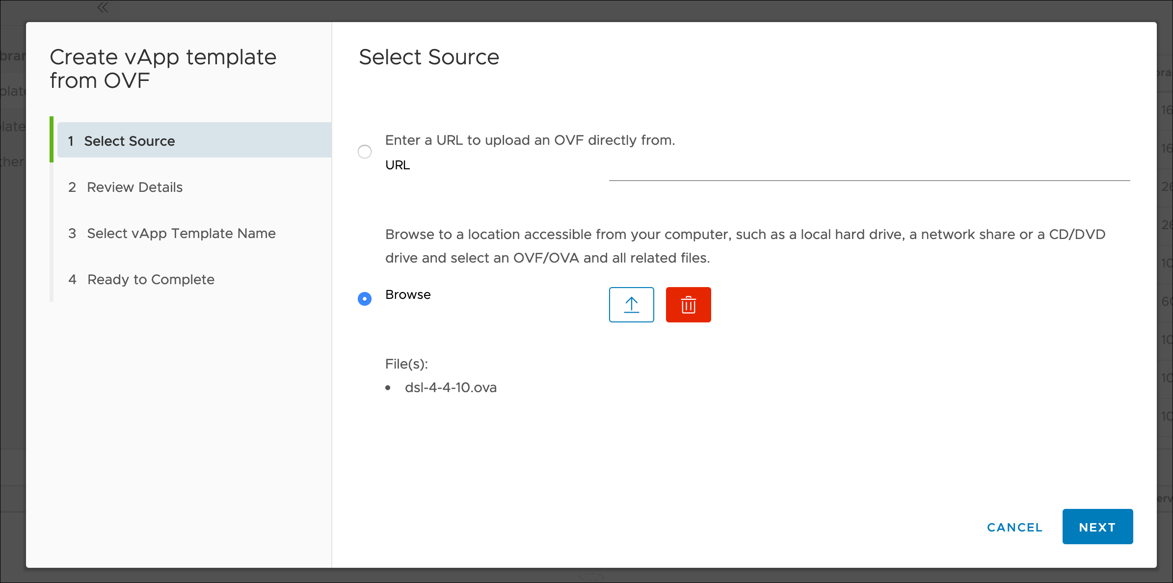 Create vApp template from OVF window, Select Source section