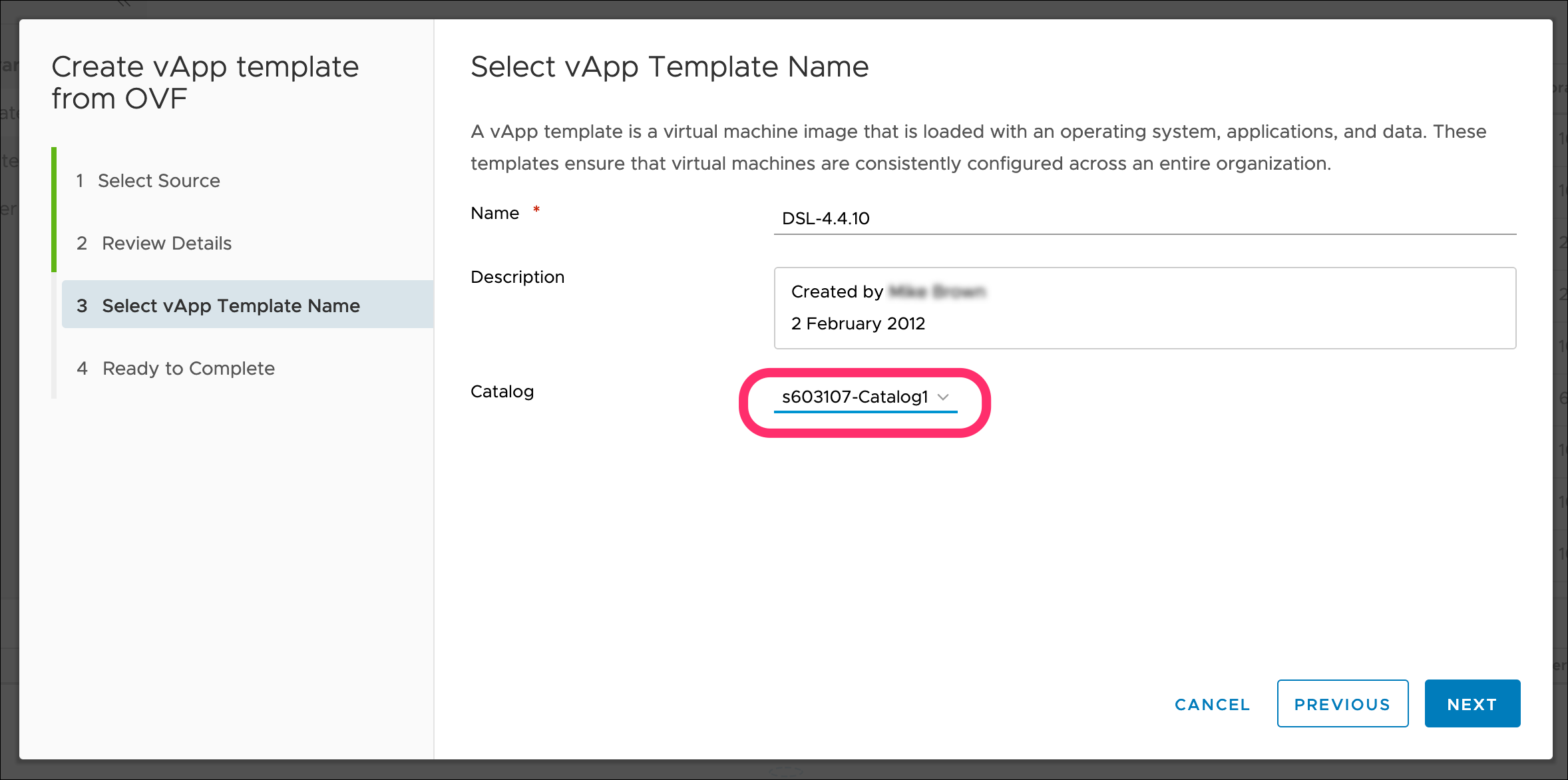 Create vApp template from OVF window, Select vApp Template Name section