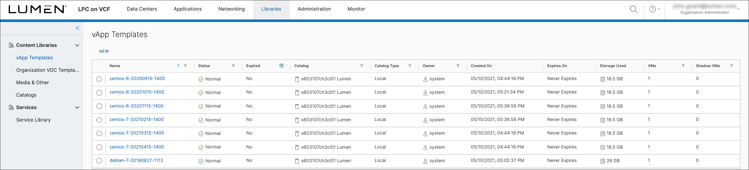 Libraries screen showing vApp templates.