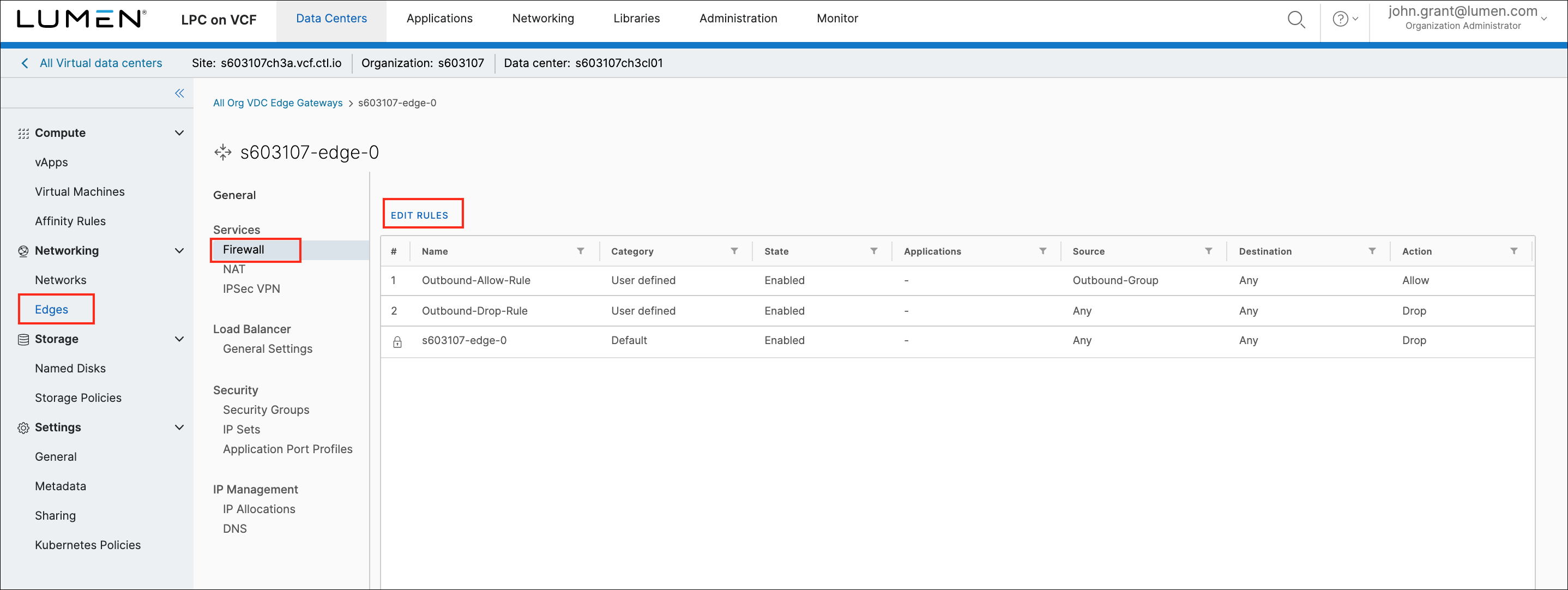 Edge gateway details page.