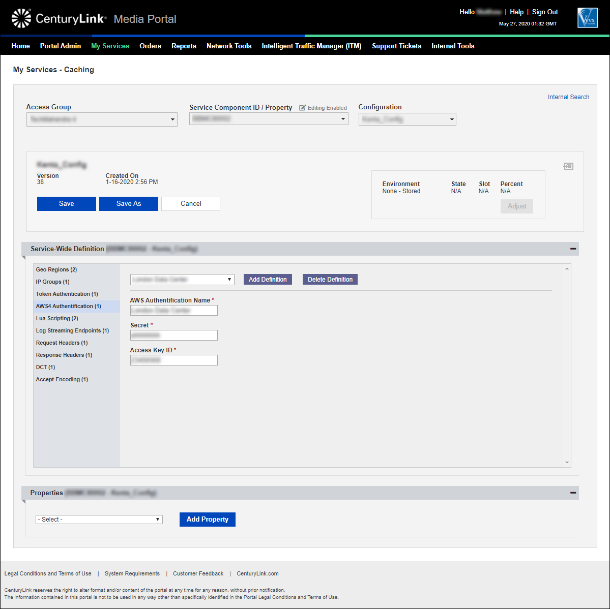 my services caching add configuration aws4 authentication