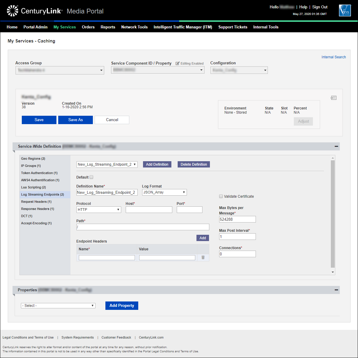 my-services caching add configuration log streaming endpoints new definition