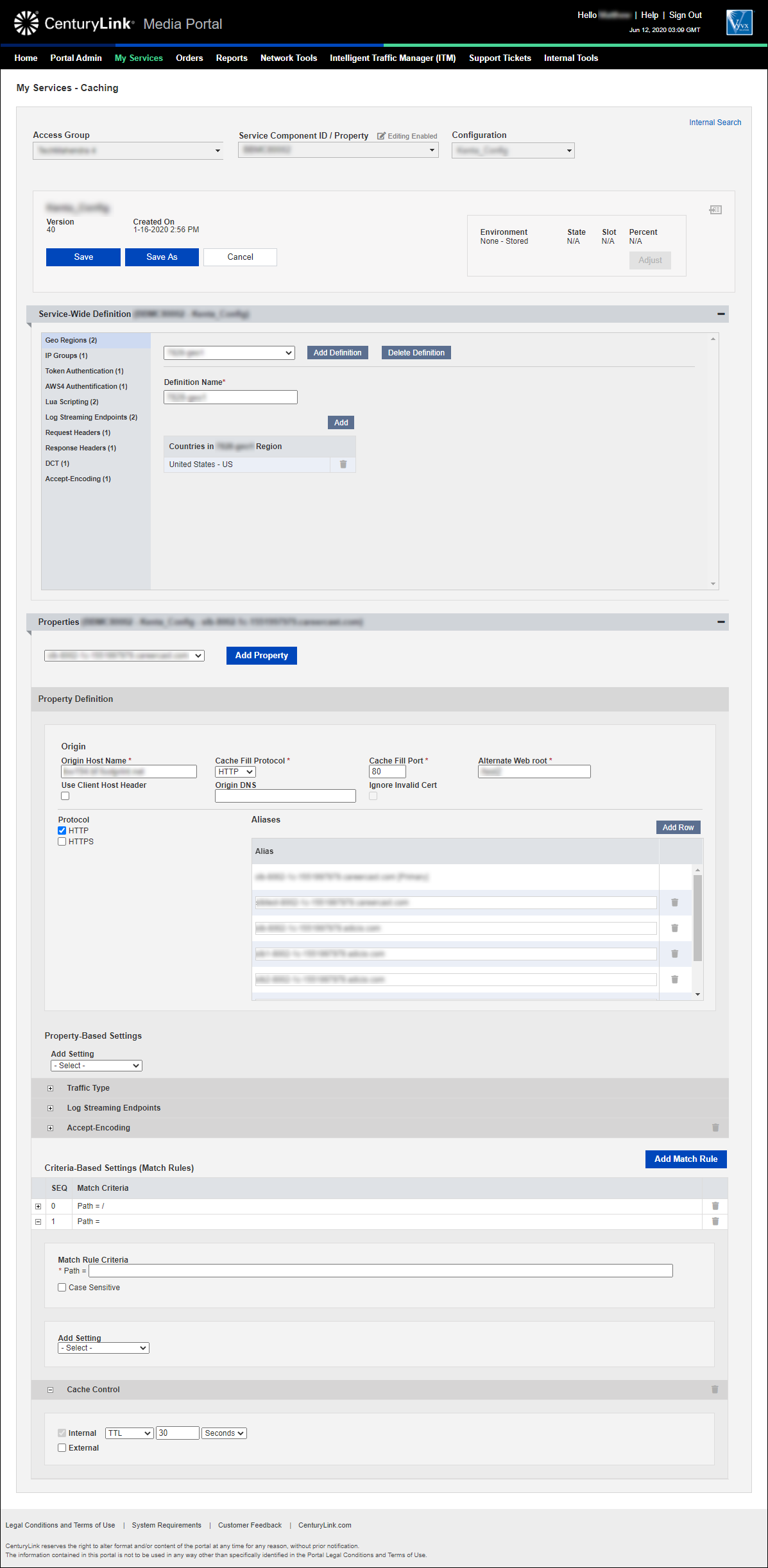 my services caching add configuration property selected add match rule add setting cache control